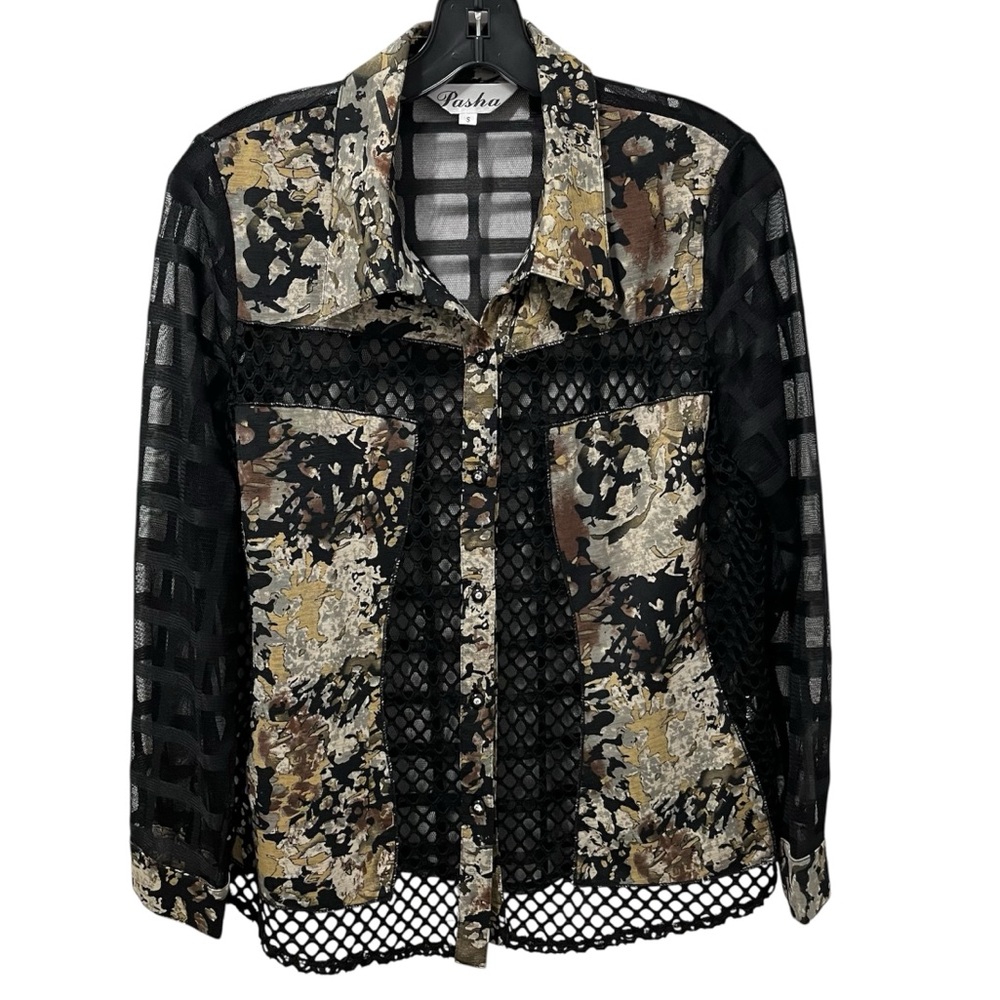 Pasha Abstract Print Mesh Button-Up Shirt